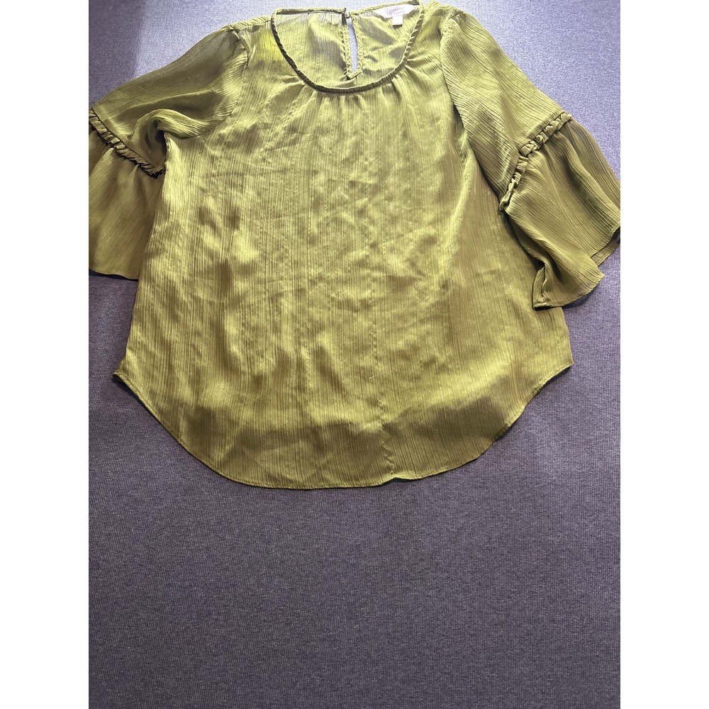 LC Lauren Conrad Olive Green Metallic Stripe Ruffle Bell Sleeve Blouse Small